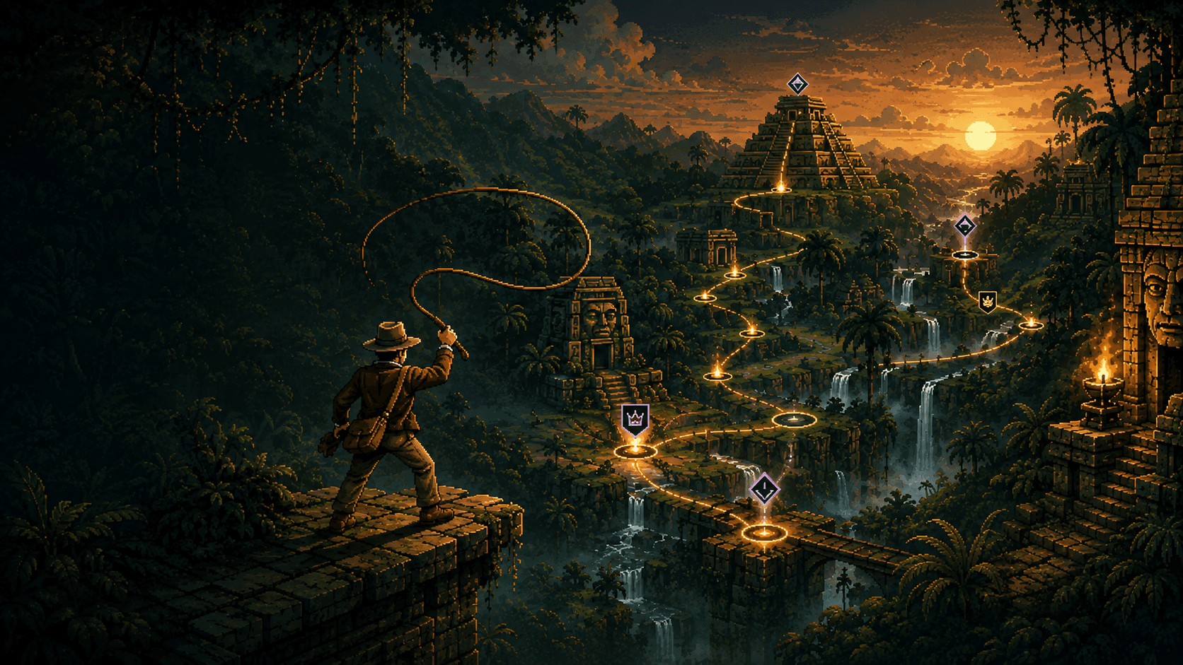 An explorer overlooking a torchlit route through ancient jungle temples