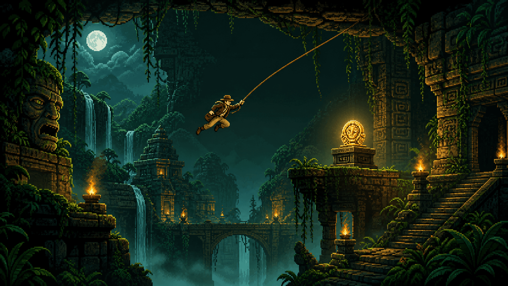 A Whiplash explorer moving through torchlit ruins